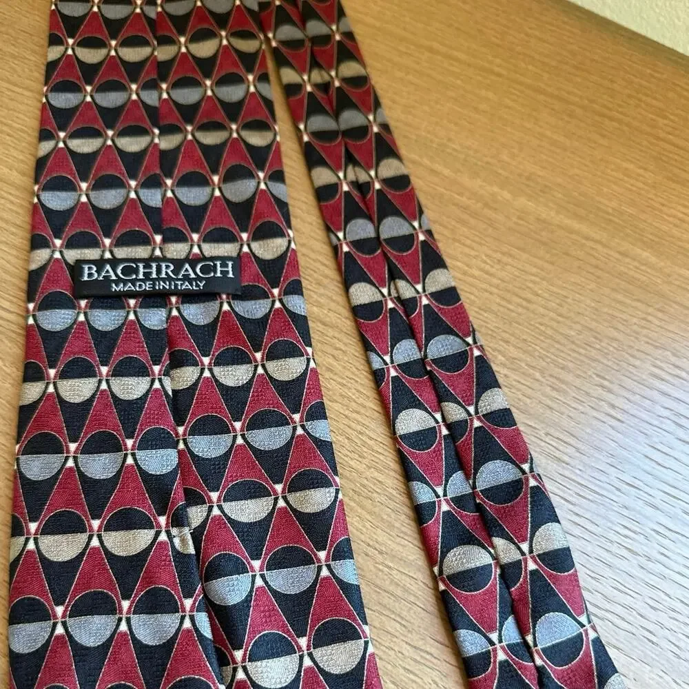 Bachrach Geometric 100% Silk Tie Burgundy Black Gray Tan